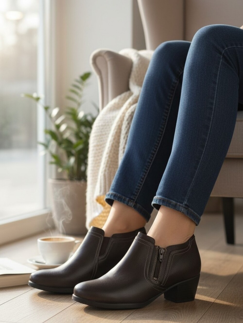 Naturalizer Women's Brown Solid Almond Toe Leather Ankle Bootie Zip Zipper